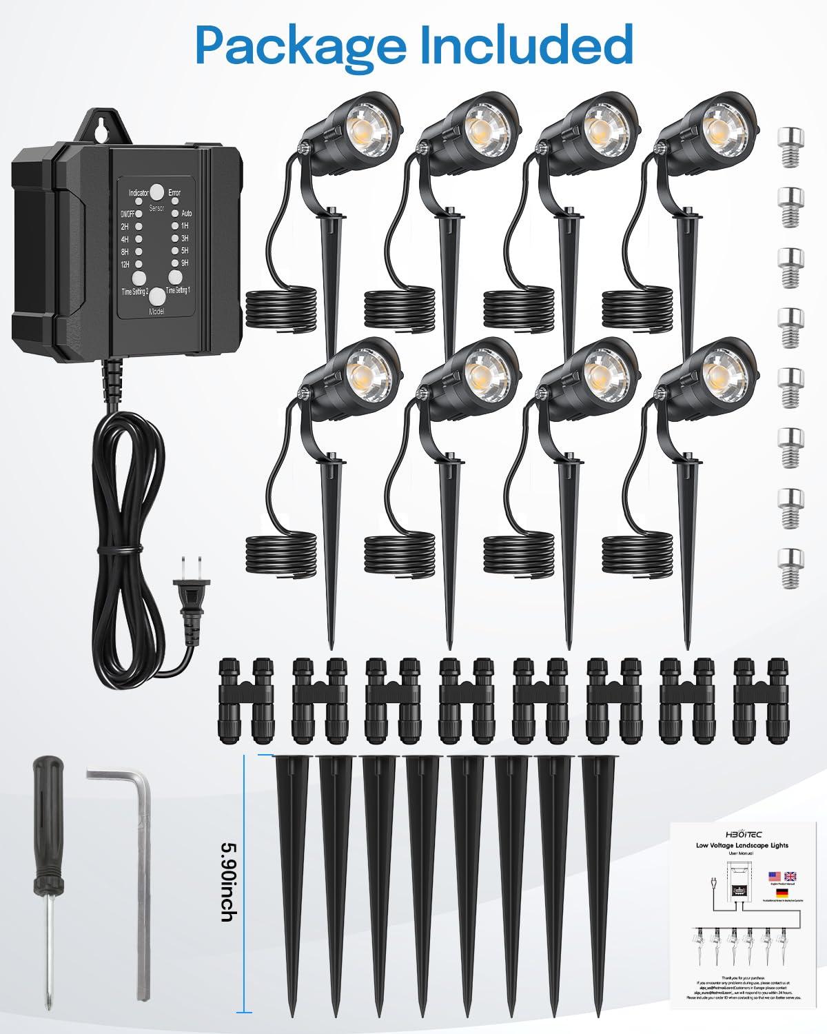 image:imageHIBOITEC Low Voltage Landscape Lighting 12W with Connectors 100W Transformer Photocell Sensor and Timer Spotlights Landscape Lights Kit IP65 Waterproof 2900K for House Yard Trees 8 PacksDay White