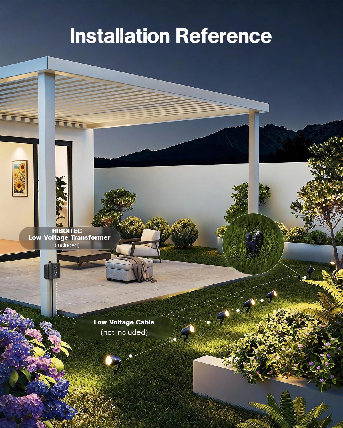 image:imageHIBOITEC Low Voltage Landscape Lighting 12W with Connectors 100W Transformer Photocell Sensor and Timer Spotlights Landscape Lights Kit IP65 Waterproof 2900K for House Yard Trees 8 PacksWarm White