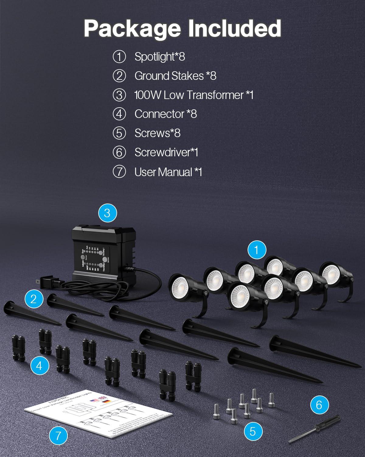 image:imageHIBOITEC Low Voltage Landscape Lighting 12W with Connectors 100W Transformer Photocell Sensor and Timer Spotlights Landscape Lights Kit IP65 Waterproof 2900K for House Yard Trees 8 PacksWarm White