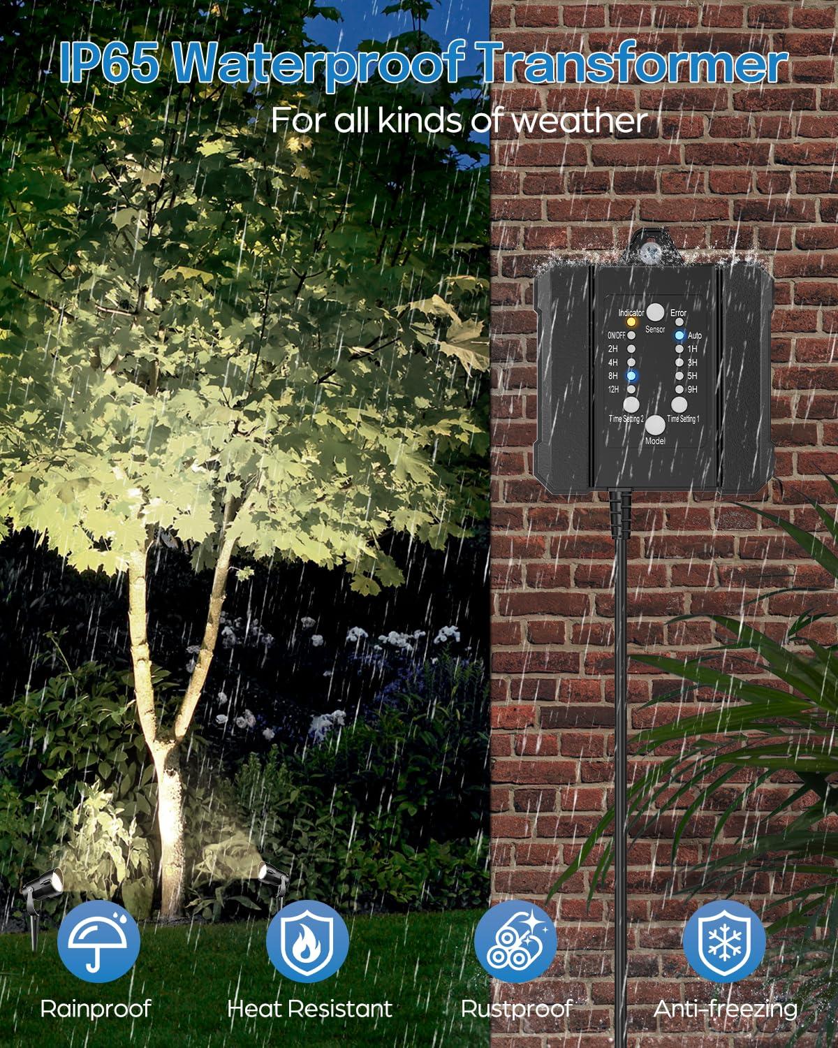 image:imageHIBOITEC Low Voltage Landscape Lighting 12W with Connectors 100W Transformer Photocell Sensor and Timer Spotlights Landscape Lights Kit IP65 Waterproof 2900K for House Yard Trees 8 PacksDay White