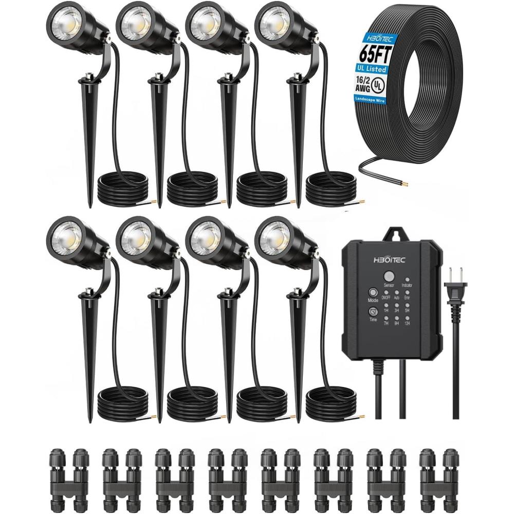 image:imageHIBOITEC AllinOne Low Voltage Landscape Lighting Kit 5W LED Landscape Lights with Transformer and 65FT Wire Waterproof Outdoor Spot Lights for Pathway Yard Garden 2700K 8 PacksCool White
