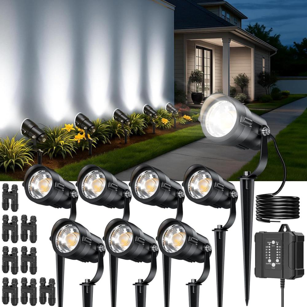 image:imageHIBOITEC Low Voltage Landscape Lighting 12W with Connectors 100W Transformer Photocell Sensor and Timer Spotlights Landscape Lights Kit IP65 Waterproof 2900K for House Yard Trees 8 PacksDay White