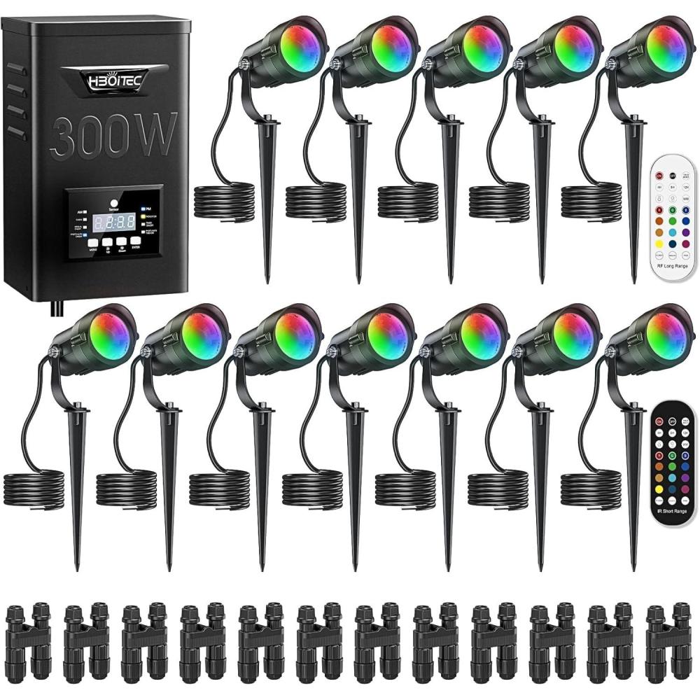 image:imageHIBOITEC RGBW Low Voltage Landscape Lighting 12W with 300W Transformer Remote Connectors Spotlights Landscape Lights Kit 1224V ACDC Waterproof for House Yard Outdoor Christmas 12Pack12 Pack with Transformer