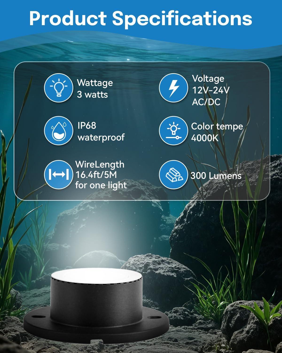 image:imageHIBOITEC Pond Lights 3W LED IP68 Waterproof Underwater Lights with UL Cord Day White 4000K Low Voltage Landscape Lighting for Fountain Pool Compatible 1224V ACDC 1PackWhite