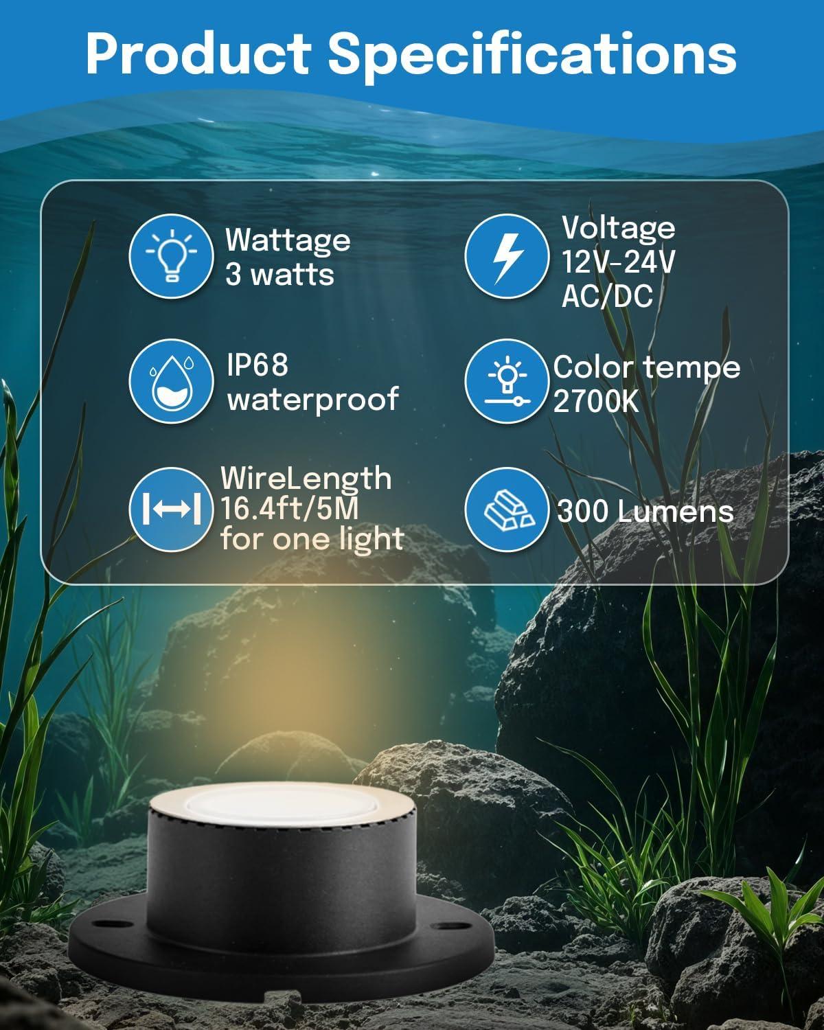 image:imageHIBOITEC Pond Lights 3W LED IP68 Waterproof Underwater Lights with UL Cord Day White 4000K Low Voltage Landscape Lighting for Fountain Pool Compatible 1224V ACDC 1PackWarm