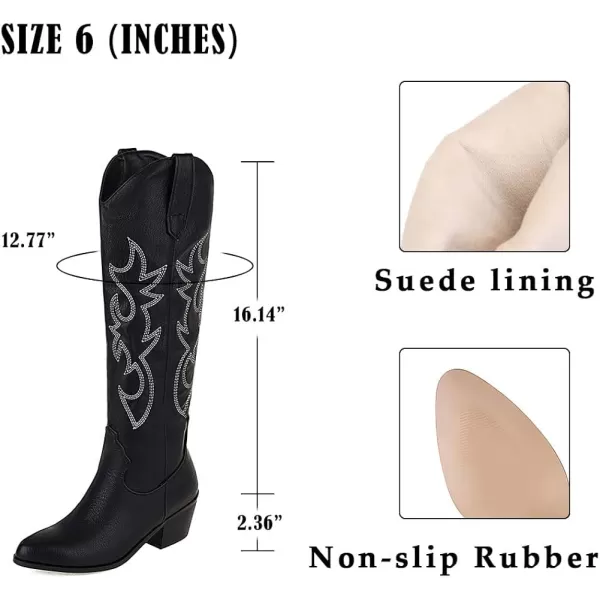 AMINUGAL Womens Embroidered Western Cowboy Boots Pointed Toe Pull On Wild Calf Chunky Heel Retro Classic Cowgirl Mid Calf Boots For Women