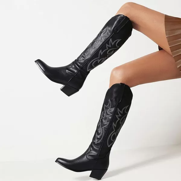 AMINUGAL Womens Embroidered Western Cowboy Boots Pointed Toe Pull On Wild Calf Chunky Heel Retro Classic Cowgirl Mid Calf Boots For Women