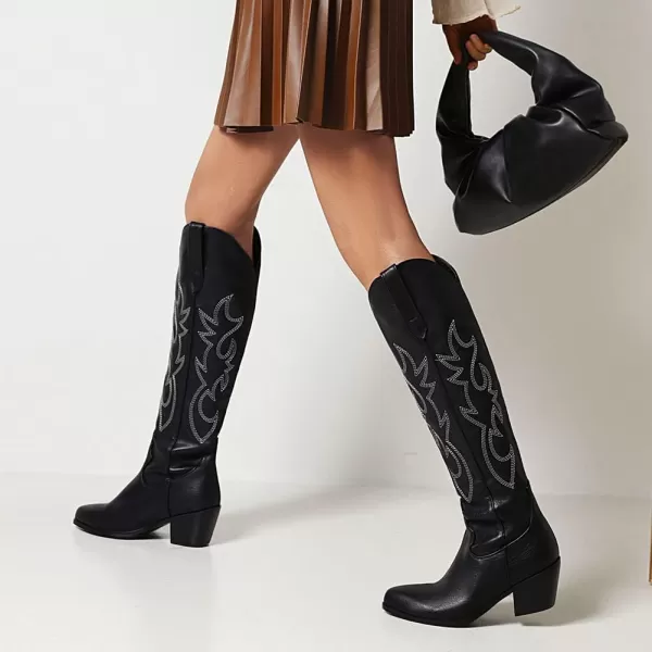 AMINUGAL Womens Embroidered Western Cowboy Boots Pointed Toe Pull On Wild Calf Chunky Heel Retro Classic Cowgirl Mid Calf Boots For Women