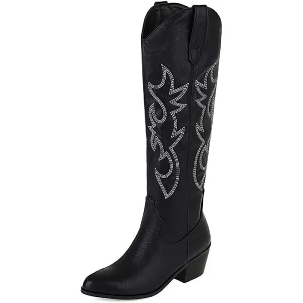 AMINUGAL Womens Embroidered Western Cowboy Boots Pointed Toe Pull On Wild Calf Chunky Heel Retro Classic Cowgirl Mid Calf Boots For Women