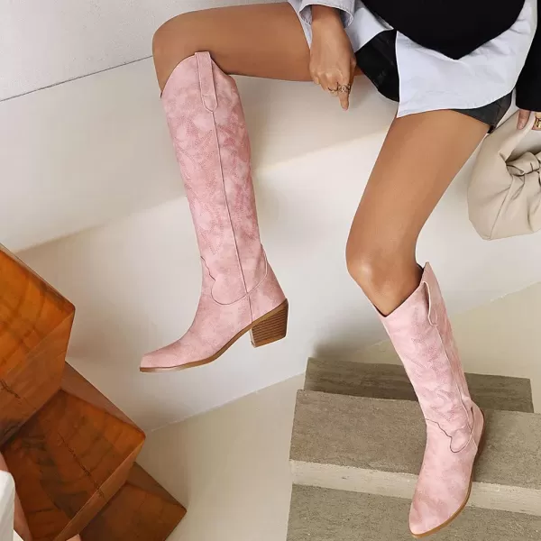 AMINUGAL Womens Embroidered Western Cowboy Boots Pointed Toe Pull On Wild Calf Chunky Heel Retro Classic Cowgirl Mid Calf Boots For Women