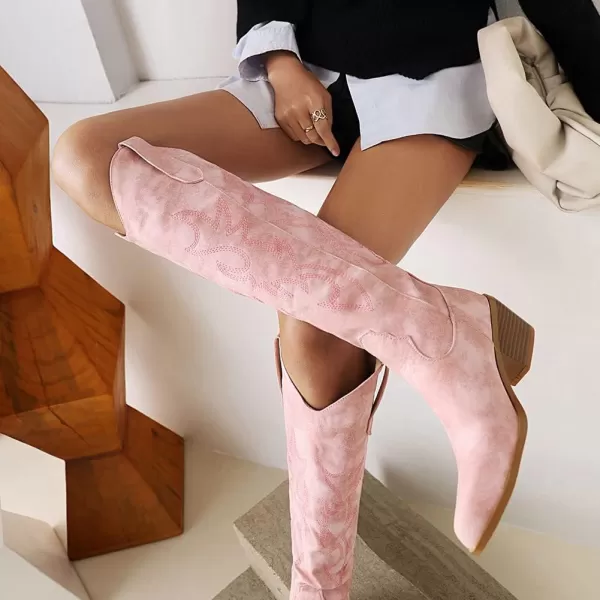 AMINUGAL Womens Embroidered Western Cowboy Boots Pointed Toe Pull On Wild Calf Chunky Heel Retro Classic Cowgirl Mid Calf Boots For Women