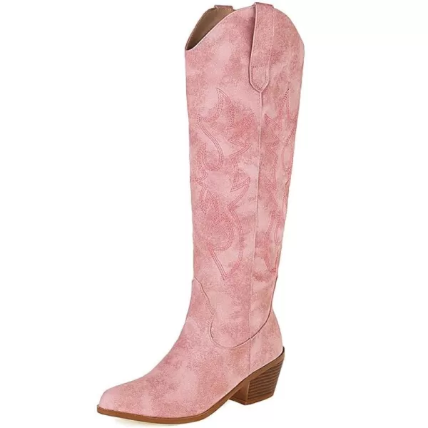 AMINUGAL Womens Embroidered Western Cowboy Boots Pointed Toe Pull On Wild Calf Chunky Heel Retro Classic Cowgirl Mid Calf Boots For Women