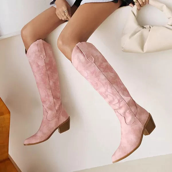 AMINUGAL Womens Embroidered Western Cowboy Boots Pointed Toe Pull On Wild Calf Chunky Heel Retro Classic Cowgirl Mid Calf Boots For Women