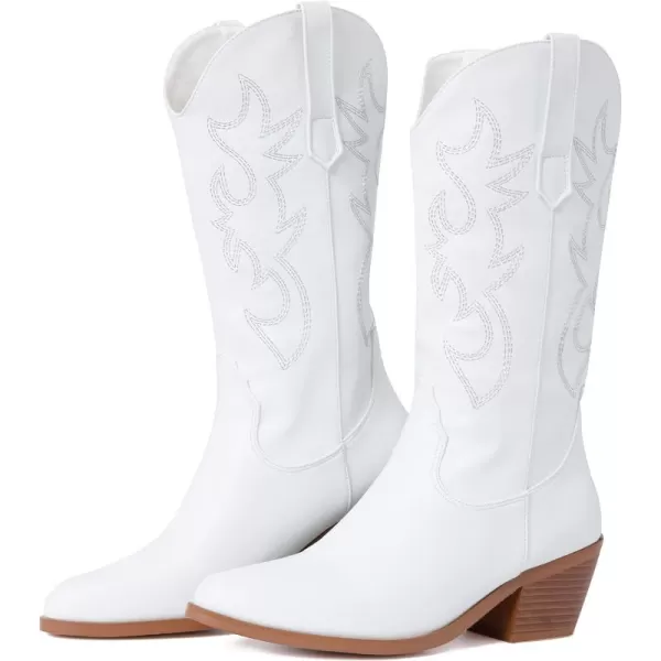 AMINUGAL Womens Embroidered Western Cowboy Boots Pointed Toe Pull On Wild Calf Chunky Heel Retro Classic Cowgirl Mid Calf Boots For Women