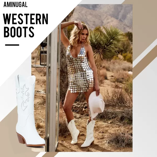 AMINUGAL Womens Embroidered Western Cowboy Boots Pointed Toe Pull On Wild Calf Chunky Heel Retro Classic Cowgirl Mid Calf Boots For Women