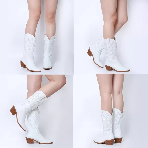 AMINUGAL Womens Embroidered Western Cowboy Boots Pointed Toe Pull On Wild Calf Chunky Heel Retro Classic Cowgirl Mid Calf Boots For Women