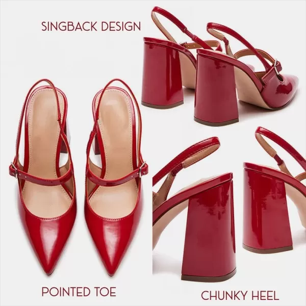 AMINUGAL Chunky High Heels Closed Pointed Toe Slingback Heels for Women Ankle Strap Womens Heeled Sandals Fashion Comfortable Dress Pumps ShoesAred