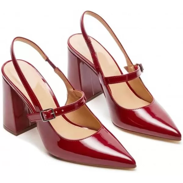 AMINUGAL Chunky High Heels Closed Pointed Toe Slingback Heels for Women Ankle Strap Womens Heeled Sandals Fashion Comfortable Dress Pumps ShoesAburgundy