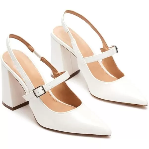 AMINUGAL Chunky High Heels Closed Pointed Toe Slingback Heels for Women Ankle Strap Womens Heeled Sandals Fashion Comfortable Dress Pumps ShoesAwhite