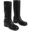 imageAMINUGAL Knee High Boots Women Square Toe Pull On Wide Calf Riding Fashion Buckles Chunky Metallic Casual Vintage Buckle RivetCblack
