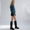 imageAMINUGAL Knee High Boots Women Square Toe Pull On Wide Calf Riding Fashion Buckles Chunky Metallic Casual Vintage Buckle RivetCblack