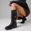 imageAMINUGAL Knee High Boots Women Square Toe Pull On Wide Calf Riding Fashion Buckles Chunky Metallic Casual Vintage Buckle RivetCblack