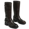 imageAMINUGAL Knee High Boots Women Square Toe Pull On Wide Calf Riding Fashion Buckles Chunky Metallic Casual Vintage Buckle RivetCbrown