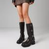 imageAMINUGAL Knee High Boots Women Square Toe Pull On Wide Calf Riding Fashion Buckles Chunky Metallic Casual Vintage Buckle RivetCbrown