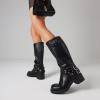 imageAMINUGAL Knee High Boots Women Square Toe Pull On Wide Calf Riding Fashion Buckles Chunky Metallic Casual Vintage Buckle RivetDblack