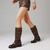imageAMINUGAL Knee High Boots Women Square Toe Pull On Wide Calf Riding Fashion Buckles Chunky Metallic Casual Vintage Buckle RivetEbrown