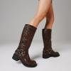 imageAMINUGAL Knee High Boots Women Square Toe Pull On Wide Calf Riding Fashion Buckles Chunky Metallic Casual Vintage Buckle RivetEbrown