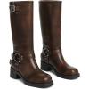 imageAMINUGAL Knee High Boots Women Square Toe Pull On Wide Calf Riding Fashion Buckles Chunky Metallic Casual Vintage Buckle RivetFbrown