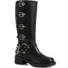 imageAMINUGAL Knee High Boots Women Square Toe Pull On Wide Calf Riding Fashion Buckles Chunky Metallic Casual Vintage Buckle RivetEblack