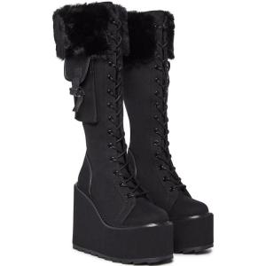imageAMINUGAL Knee High Boots Women Round Toe Black Platform Combat Boots Womens Lace Up Wedge Boots Chunky Block Heel Punk Goth Wide Calf Boots Gothic Motorcycle Booties for WomenAblack
