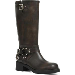 imageAMINUGAL Knee High Boots Women Square Toe Pull On Wide Calf Riding Fashion Buckles Chunky Metallic Casual Vintage Buckle RivetAdarkbrown