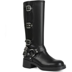 imageAMINUGAL Knee High Boots Women Square Toe Pull On Wide Calf Riding Fashion Buckles Chunky Metallic Casual Vintage Buckle RivetCblack