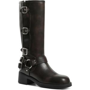 imageAMINUGAL Knee High Boots Women Square Toe Pull On Wide Calf Riding Fashion Buckles Chunky Metallic Casual Vintage Buckle RivetCbrown