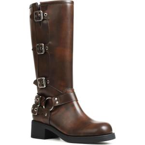 imageAMINUGAL Knee High Boots Women Square Toe Pull On Wide Calf Riding Fashion Buckles Chunky Metallic Casual Vintage Buckle RivetCredbrown