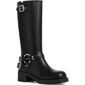 imageAMINUGAL Knee High Boots Women Square Toe Pull On Wide Calf Riding Fashion Buckles Chunky Metallic Casual Vintage Buckle RivetDblack