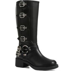 imageAMINUGAL Knee High Boots Women Square Toe Pull On Wide Calf Riding Fashion Buckles Chunky Metallic Casual Vintage Buckle RivetEblack