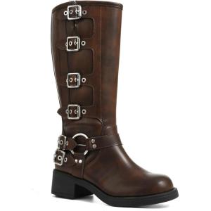 imageAMINUGAL Knee High Boots Women Square Toe Pull On Wide Calf Riding Fashion Buckles Chunky Metallic Casual Vintage Buckle RivetEbrown