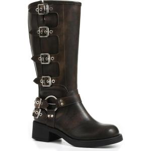imageAMINUGAL Knee High Boots Women Square Toe Pull On Wide Calf Riding Fashion Buckles Chunky Metallic Casual Vintage Buckle RivetEdarkbrown