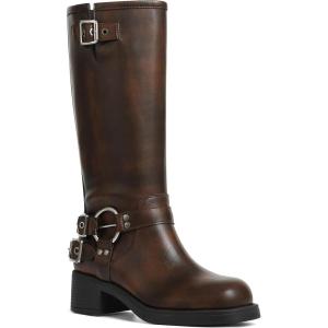 imageAMINUGAL Knee High Boots Women Square Toe Pull On Wide Calf Riding Fashion Buckles Chunky Metallic Casual Vintage Buckle RivetFbrown