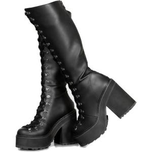imageAMINUGAL Knee High Womens Black Wide Calf Wedge Chunky Gothic Motorcycle Combat BootsBlack