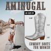 imageAMINUGAL Cowboy Boots for Women Mid Calf Cowgirl Boots Pointed Toe Chunky Heel Embroidered Western Boots Women Pull On Fashion Retro Classic Ankle BootsCsilver