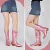 imageAMINUGAL Cowboy Boots for Women Mid Calf Cowgirl Boots Pointed Toe Chunky Heel Embroidered Western Boots Women Pull On Fashion Retro Classic Ankle BootsCpink