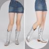 imageAMINUGAL Cowboy Boots for Women Mid Calf Cowgirl Boots Pointed Toe Chunky Heel Embroidered Western Boots Women Pull On Fashion Retro Classic Ankle BootsCsilver