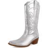 imageAMINUGAL Cowboy Boots for Women Mid Calf Cowgirl Boots Pointed Toe Chunky Heel Embroidered Western Boots Women Pull On Fashion Retro Classic Ankle BootsCsilver