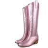 imageAMINUGAL Womens Western Knee High Cowgirl Boots Black PullOn Chunky Heel Embroidered Metallic Fabric Leather Sole 1377 inches US Womens SizeFpink