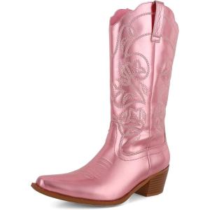 imageAMINUGAL Cowboy Boots for Women Mid Calf Cowgirl Boots Pointed Toe Chunky Heel Embroidered Western Boots Women Pull On Fashion Retro Classic Ankle BootsCpink